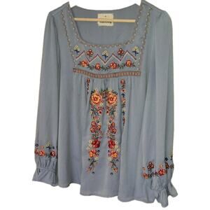 Savanna Jane Top Womens 1X Blue Floral Embroidered Pullover Casual Blouse